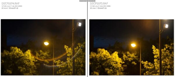Comparaison du flare à f/1.8 (à gauche) et à f/2 (à droite)