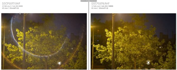 Comparaison du flare à f/1.8 (à gauche) et à f/2 (à droite)