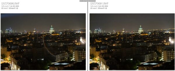 Comparaison du flare à f/1.8 (à gauche) et à f/2 (à droite)